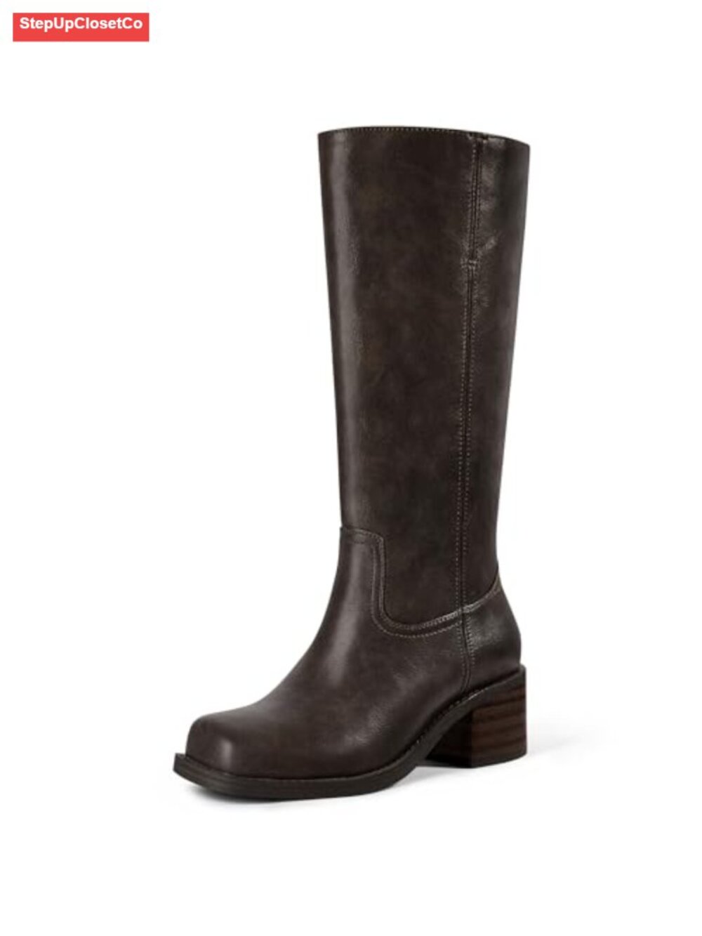 Wide Calf Knee High Boots Faux Leather Square Toe Block Heel Pull On Women's